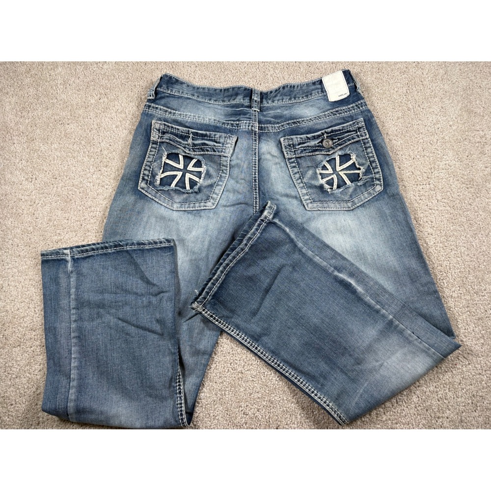 Helix Mens Relaxed Bootcut Jeans 34x30 Blue Denim Distressed Cross pocket y2k